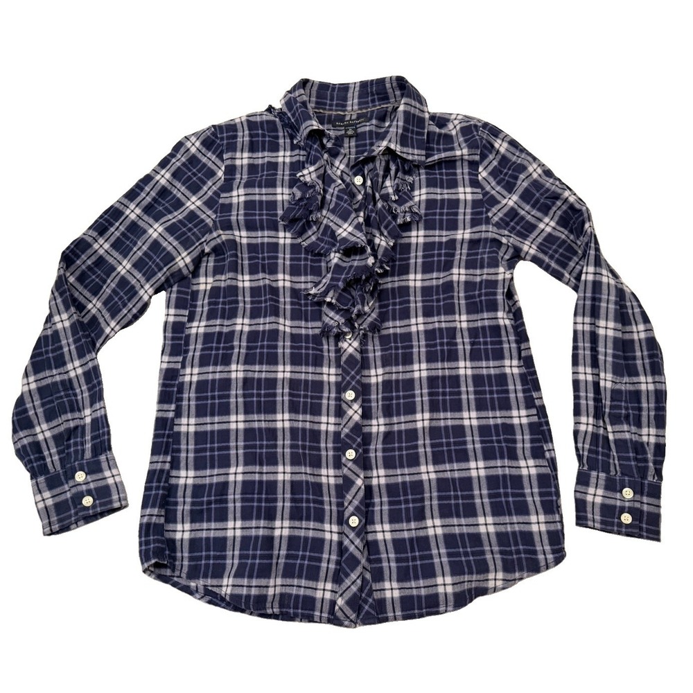 Banana Republic Womens M Navy Plaid Ruffle Front Button Down Shirt Preppy